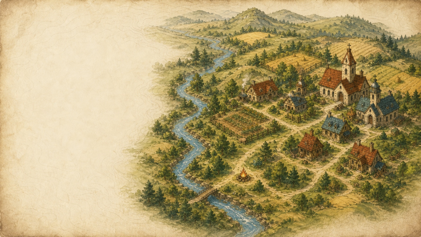 Illustrated map of a river valley with a growing medieval hamlet