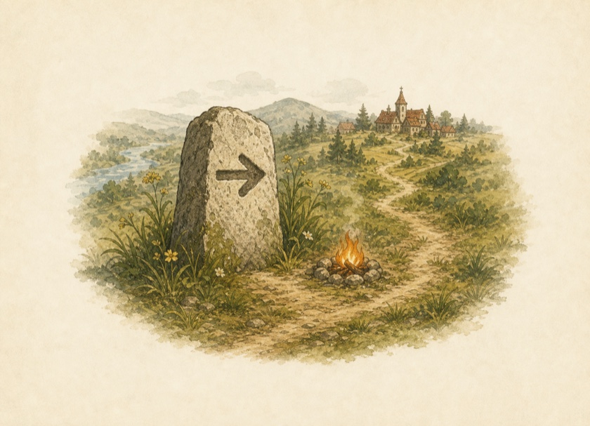 A trail marker leading toward a small hamlet